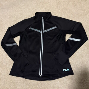 FILA Womens Athletic Full Zip Track Jacket Black w Reflective Accents, Sz M